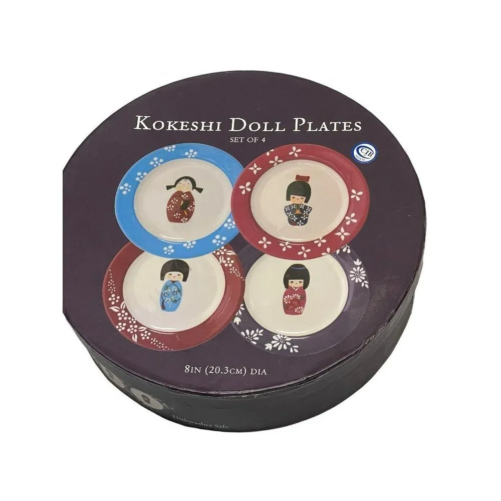 World Market set of 4 Kokeshi Doll Plates 8 Inch In Box